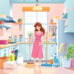An illustration visualizing cleaning tips for housewives, featuring a clean and organized kitchen filled with vibrant colors