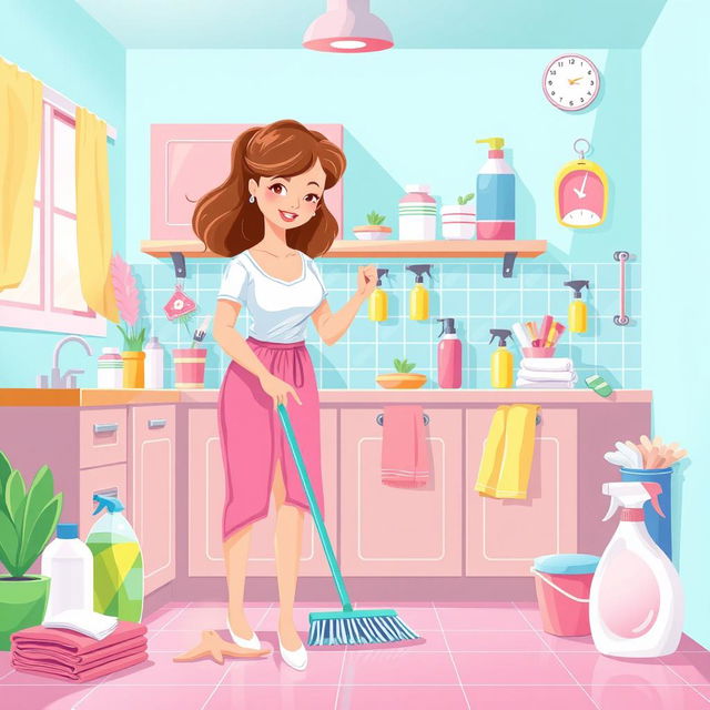 An illustration visualizing cleaning tips for housewives, featuring a clean and organized kitchen filled with vibrant colors