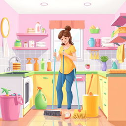 An illustration visualizing cleaning tips for housewives, featuring a clean and organized kitchen filled with vibrant colors