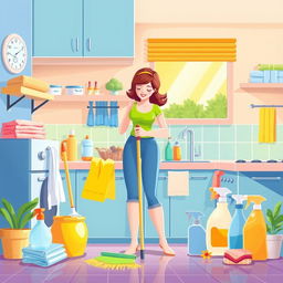 An illustration visualizing cleaning tips for housewives, featuring a clean and organized kitchen filled with vibrant colors