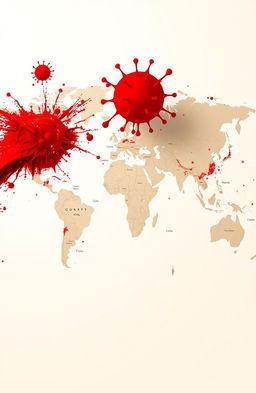 A detailed, artistic world map depicting various continents and countries, with a visually striking red virus spreading across the map