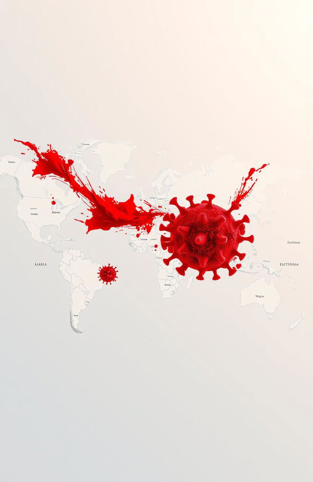 A detailed, artistic world map depicting various continents and countries, with a visually striking red virus spreading across the map