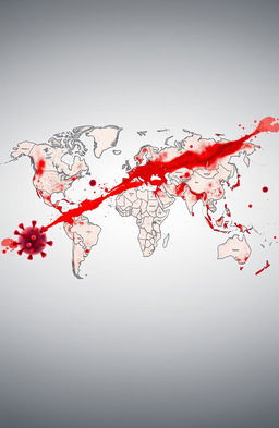 A detailed, artistic world map depicting various continents and countries, with a visually striking red virus spreading across the map