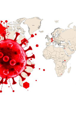 A detailed, artistic world map depicting various continents and countries, with a visually striking red virus spreading across the map