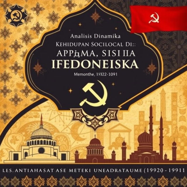 A captivating book cover design for an Indonesian book titled 'Analisis Dinamika Kehidupan Sosial Masyarakat Islam di Uni Soviet (1922-1991)', featuring Islamic motifs combined with Soviet-era imagery