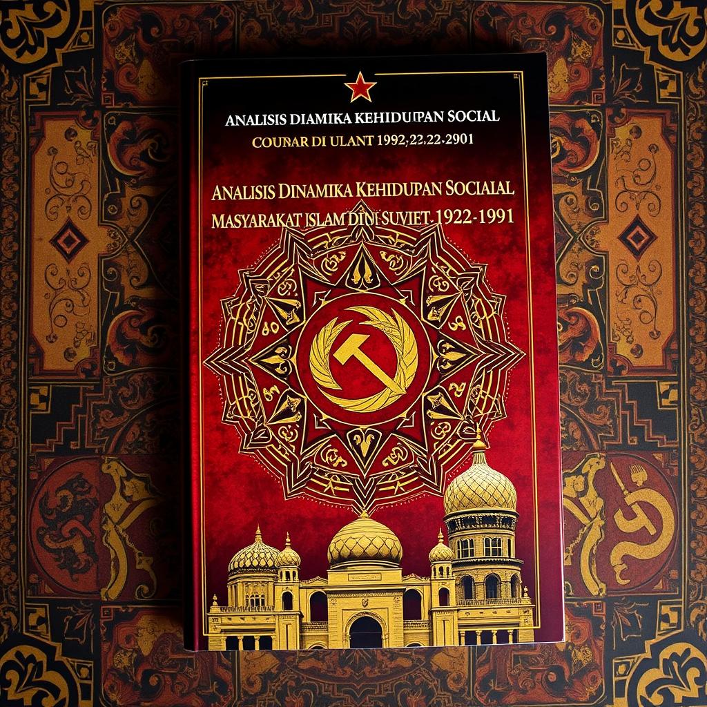 A captivating book cover design for an Indonesian book titled 'Analisis Dinamika Kehidupan Sosial Masyarakat Islam di Uni Soviet (1922-1991)', featuring Islamic motifs combined with Soviet-era imagery