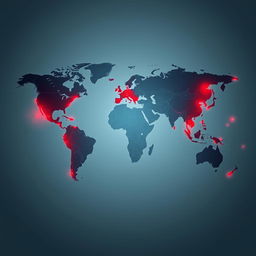 A captivating world map designed for a single cover, illustrating various regions beginning to be affected by a virus