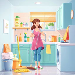 An illustration visualizing cleaning tips for housewives, featuring a clean and organized kitchen filled with vibrant colors