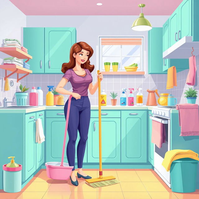 An illustration visualizing cleaning tips for housewives, featuring a clean and organized kitchen filled with vibrant colors