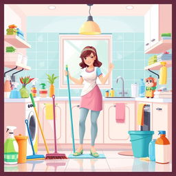 An illustration visualizing cleaning tips for housewives, featuring a clean and organized kitchen filled with vibrant colors