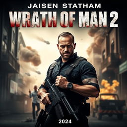 A cinematic poster for the movie 'Wrath of Man 2' featuring a rugged Jason Statham as the lead character, standing confidently with a serious expression