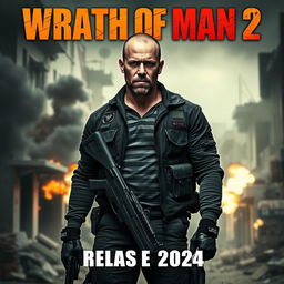 A cinematic poster for the movie 'Wrath of Man 2' featuring a rugged Jason Statham as the lead character, standing confidently with a serious expression