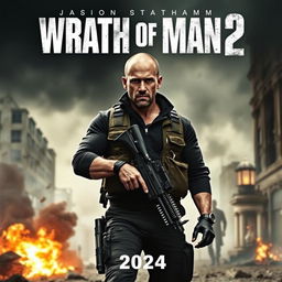 A cinematic poster for the movie 'Wrath of Man 2' featuring a rugged Jason Statham as the lead character, standing confidently with a serious expression