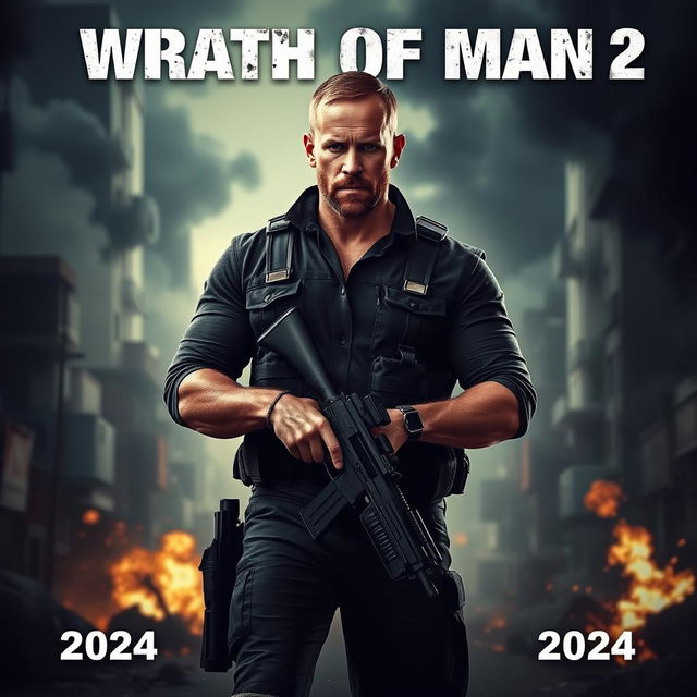 A cinematic poster for the movie 'Wrath of Man 2' featuring a rugged Jason Statham as the lead character, standing confidently with a serious expression