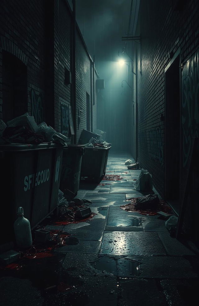 A dark, gritty scene depicting a shadowy alleyway littered with bloodied remnants from a recent struggle