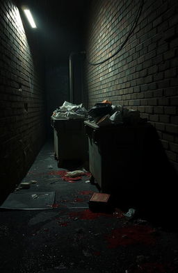 A dark, gritty scene depicting a shadowy alleyway littered with bloodied remnants from a recent struggle