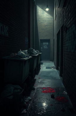 A dark, gritty scene depicting a shadowy alleyway littered with bloodied remnants from a recent struggle