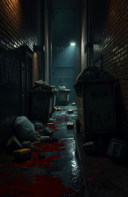 A dark, gritty scene depicting a shadowy alleyway littered with bloodied remnants from a recent struggle