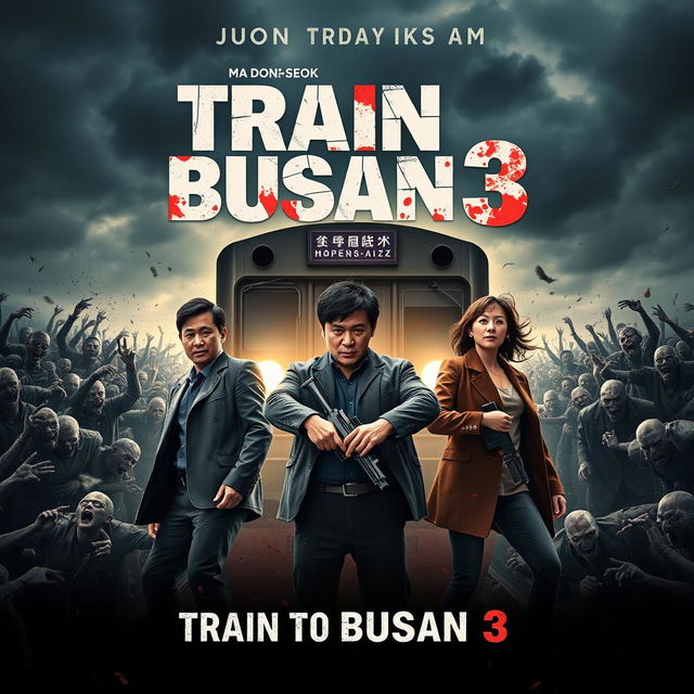 An exciting movie poster for 'Train to Busan 3' (2025) featuring the main cast: Gong Yoo, Jung Yu-mi, and Ma Dong-seok