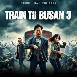 An exciting movie poster for 'Train to Busan 3' (2025) featuring the main cast: Gong Yoo, Jung Yu-mi, and Ma Dong-seok