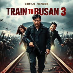 An exciting movie poster for 'Train to Busan 3' (2025) featuring the main cast: Gong Yoo, Jung Yu-mi, and Ma Dong-seok