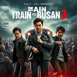 An exciting movie poster for 'Train to Busan 3' (2025) featuring the main cast: Gong Yoo, Jung Yu-mi, and Ma Dong-seok