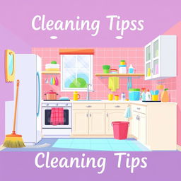 An illustration visualizing cleaning tips for housewives, featuring a clean and organized kitchen filled with vibrant colors