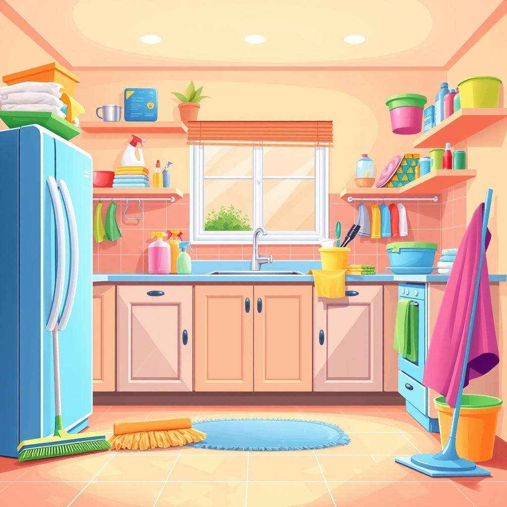 An illustration visualizing cleaning tips for housewives, featuring a clean and organized kitchen filled with vibrant colors