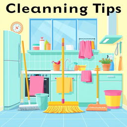 An illustration visualizing cleaning tips for housewives, featuring a clean and organized kitchen filled with vibrant colors