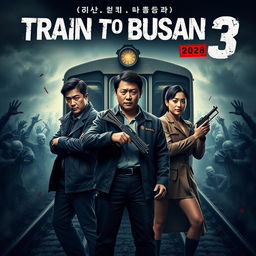 A gripping movie poster for 'Train to Busan 3' (2025) featuring the main cast: Gong Yoo, Jung Yu-mi, and Ma Dong-seok standing together in a dramatic and tense pose