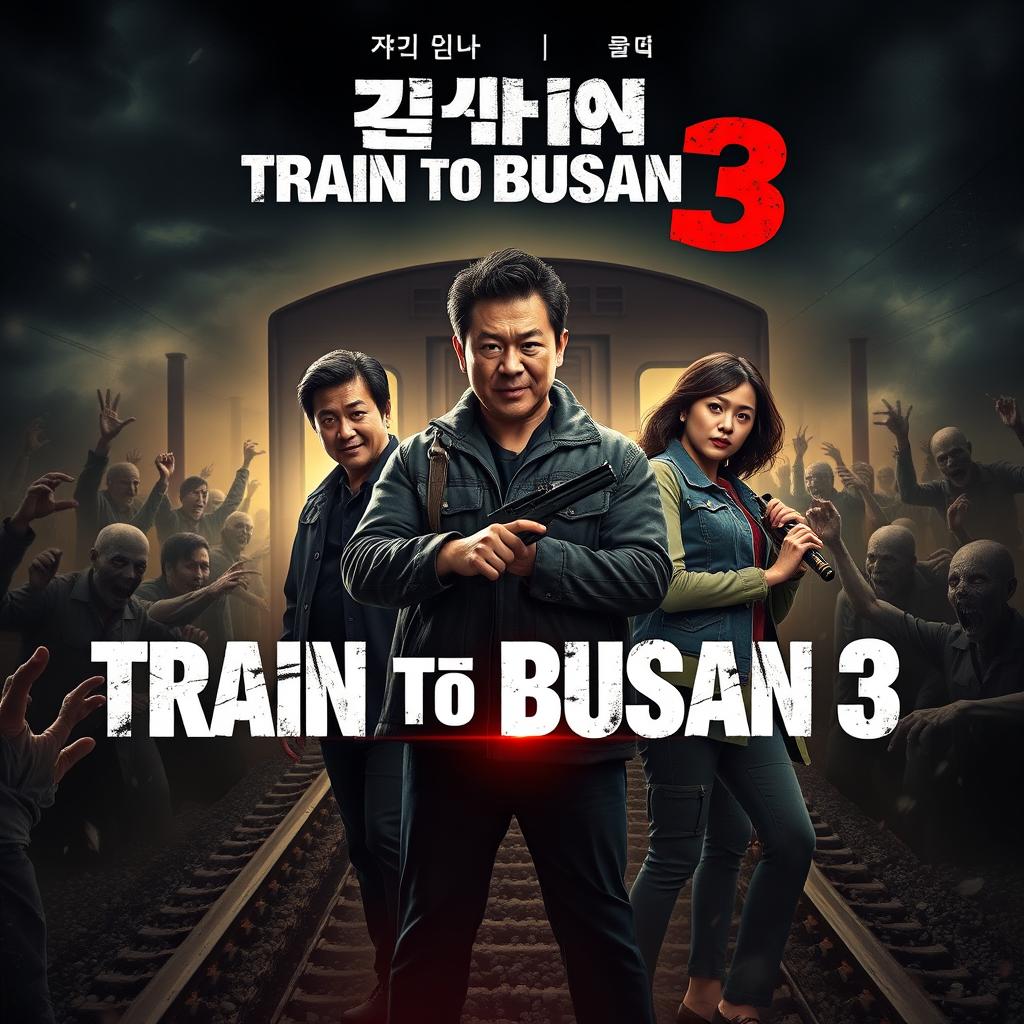 A gripping movie poster for 'Train to Busan 3' (2025) featuring the main cast: Gong Yoo, Jung Yu-mi, and Ma Dong-seok standing together in a dramatic and tense pose