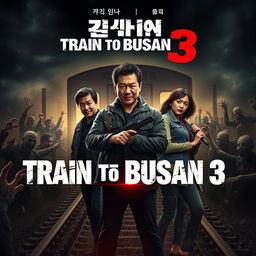 A gripping movie poster for 'Train to Busan 3' (2025) featuring the main cast: Gong Yoo, Jung Yu-mi, and Ma Dong-seok standing together in a dramatic and tense pose