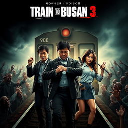 A gripping movie poster for 'Train to Busan 3' (2025) featuring the main cast: Gong Yoo, Jung Yu-mi, and Ma Dong-seok standing together in a dramatic and tense pose