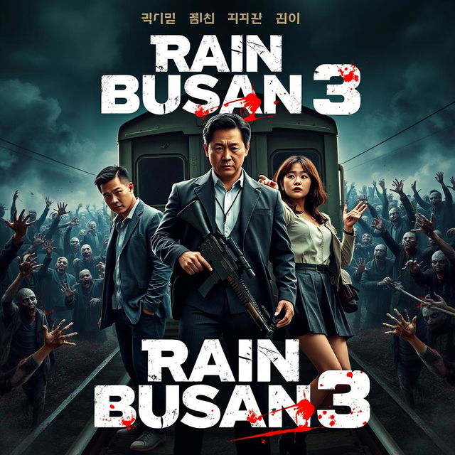 A gripping movie poster for 'Train to Busan 3' (2025) featuring the main cast: Gong Yoo, Jung Yu-mi, and Ma Dong-seok standing together in a dramatic and tense pose