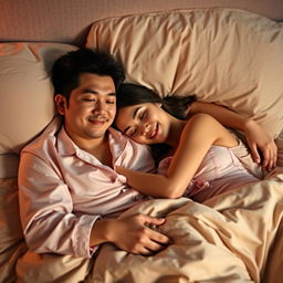 A Chinese man lying in bed, lovingly embracing a beautiful and sexy woman wearing stylish pajamas