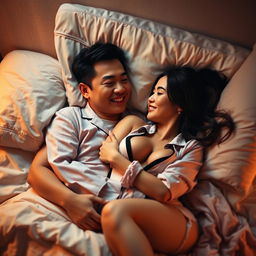 A Chinese man lying in bed, lovingly embracing a beautiful and sexy woman wearing stylish pajamas