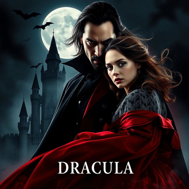 A dramatic movie poster for 'Dracula | First (2025)', featuring Keanu Reeves as a strikingly dark and brooding Dracula with sharp fangs, dressed in a classic gothic red and black attire, his long hair flowing, and an intense gaze that captures both menace and charm