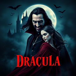 A dramatic movie poster for 'Dracula | First (2025)', featuring Keanu Reeves as a strikingly dark and brooding Dracula with sharp fangs, dressed in a classic gothic red and black attire, his long hair flowing, and an intense gaze that captures both menace and charm