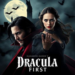 A dramatic movie poster for 'Dracula | First (2025)', featuring Keanu Reeves as a strikingly dark and brooding Dracula with sharp fangs, dressed in a classic gothic red and black attire, his long hair flowing, and an intense gaze that captures both menace and charm
