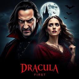 A dramatic movie poster for 'Dracula | First (2025)', featuring Keanu Reeves as a strikingly dark and brooding Dracula with sharp fangs, dressed in a classic gothic red and black attire, his long hair flowing, and an intense gaze that captures both menace and charm