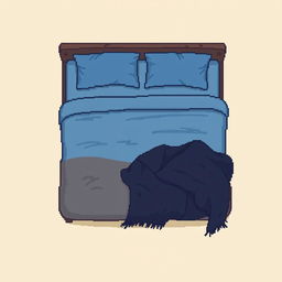 A top-down pixel art illustration of a cozy bed featuring a soft dark-brown padded frame