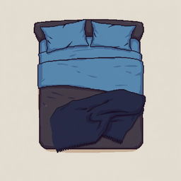A top-down pixel art illustration of a cozy bed featuring a soft dark-brown padded frame