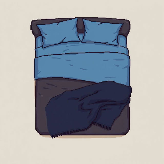 A top-down pixel art illustration of a cozy bed featuring a soft dark-brown padded frame