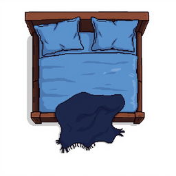 A top-down pixel art illustration of a cozy bed featuring a soft dark-brown padded frame