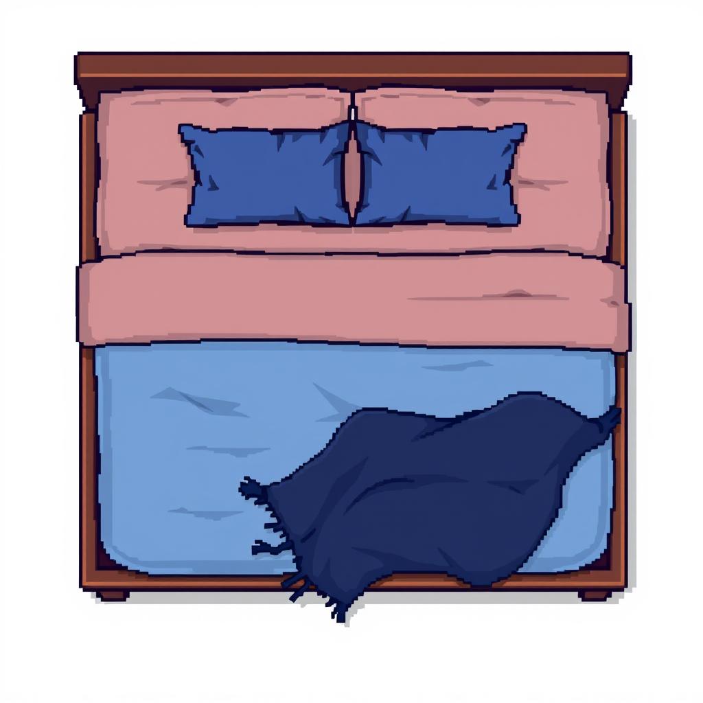 A top-down pixel art illustration of a cozy bed featuring a soft dark-brown padded frame