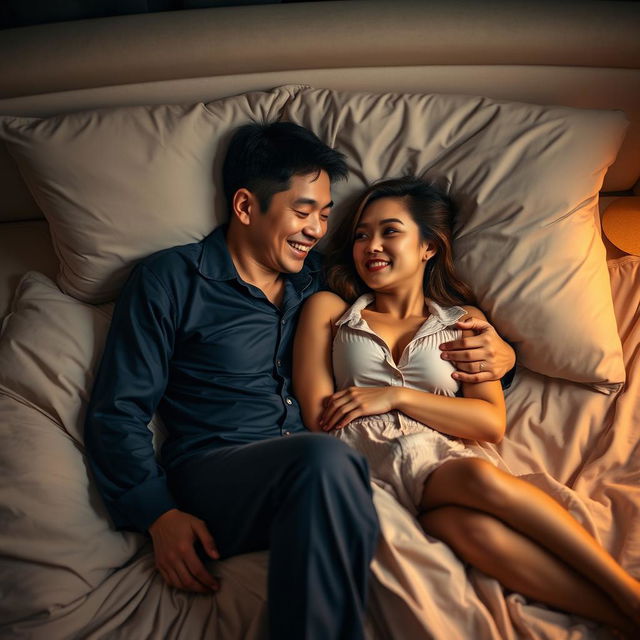 A Chinese man lying in a cozy bedroom at night, gently hugging a beautiful and sexy woman dressed in stylish pajamas