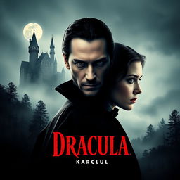 A unique and captivating movie poster for 'Dracula | First (2025)', featuring Keanu Reeves as Count Dracula and Elizabeth Olsen as Mina