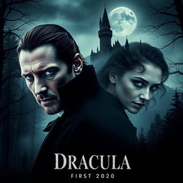 A unique and captivating movie poster for 'Dracula | First (2025)', featuring Keanu Reeves as Count Dracula and Elizabeth Olsen as Mina