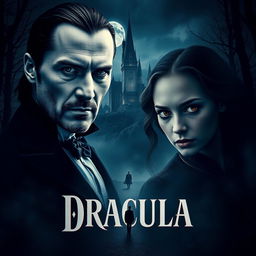 A unique and captivating movie poster for 'Dracula | First (2025)', featuring Keanu Reeves as Count Dracula and Elizabeth Olsen as Mina