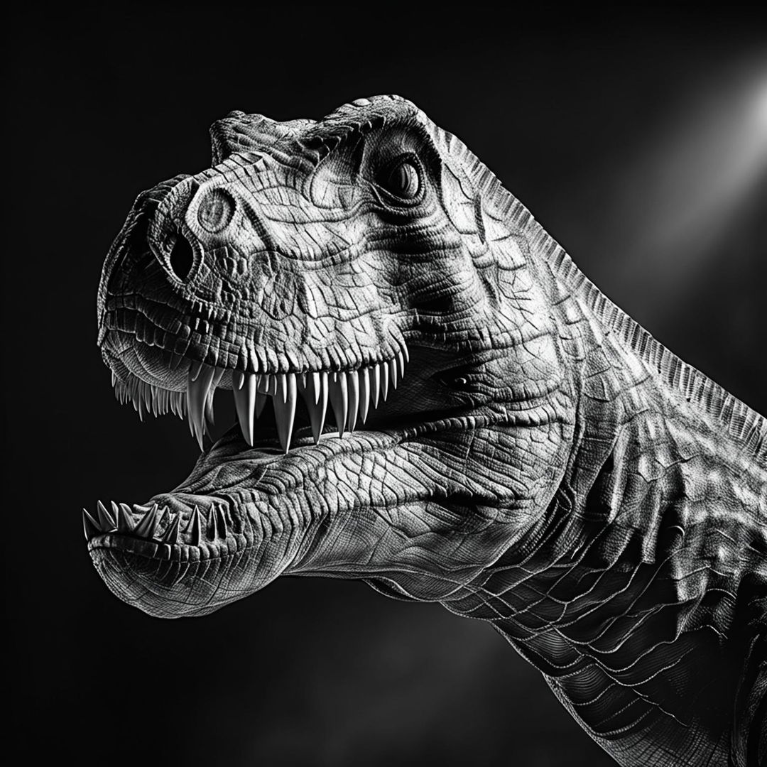 This is a high-quality, black and white, studio-lit portrait of a Tyrannosaurus Rex